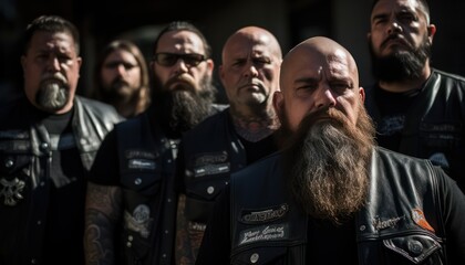 Photo of motorcycle club bearded men standing in a group
