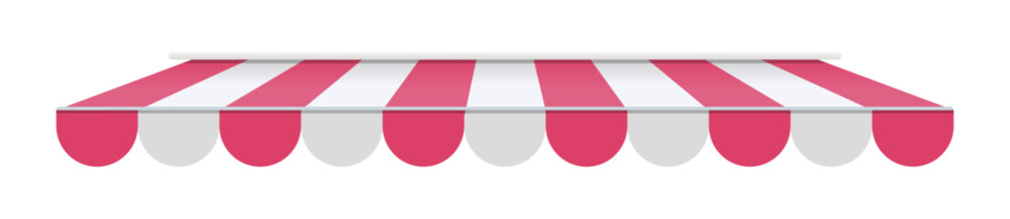 Realistic striped store sunshade awning, shop canopy. Pink and white market umbrella. Front tent roof for shop showcase designs vector set. Cafe or restaurant exterior shade elements © Xte
