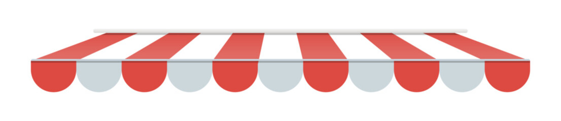 Realistic striped store sunshade awning, shop canopy. Red and white market umbrella. Front tent roof for shop showcase designs vector set. Cafe or restaurant exterior shade elements