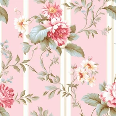 Fototapeten Seamless pattern, tileable striped pink floral country style print for wallpaper, wrapping paper with English countryside rose flowers for scrapbook, fabric and product design © Anneleven