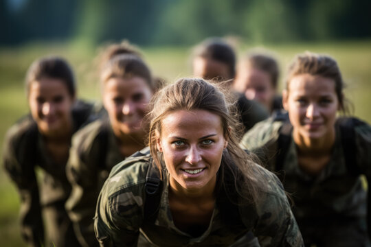 Female soldier training with a group in a field  photo with empty space for text 