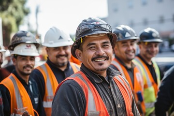 Group of mexican construction workers working on a construction project in Los Angeles