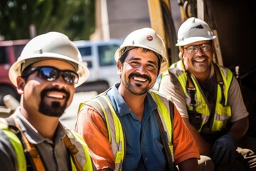 Group of mexican construction workers working on a construction project in Los Angeles - obrazy, fototapety, plakaty