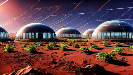 Sci-fi base on mars created after the colonization of the red planet. Created by AI - obrazy, fototapety, plakaty
