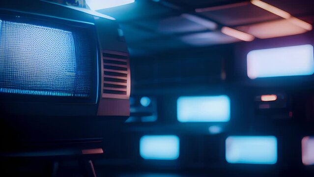 Old retro TV on a dark room with a blue back light. Generative AI