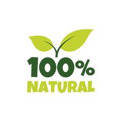 100% Natural sticker, label, badge and logo. Ecology icon. Logo template with green leaves for organic and eco friendly products. Vector illustration