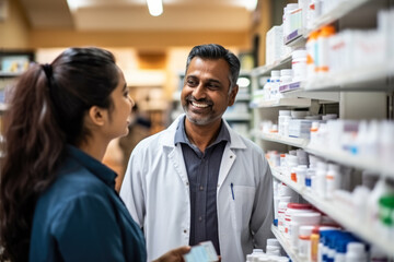 Indian pharmacist explaining medication to a customer  photo with empty space for text  - obrazy, fototapety, plakaty