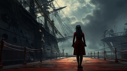 Obraz premium Beautiful girl in a long red dress on a wooden pier looking to the sea with old sailing ship with cloudy sky at sunset. Art illustration: back view to girl looking to dark sky near old pirate ship