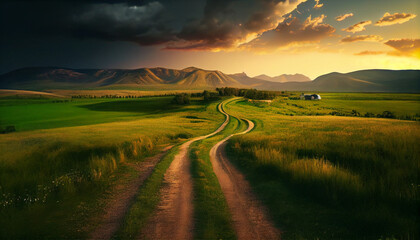Obraz premium Beautiful summer mountain rural landscape; Panorama of summer green field with dirt road and Sunset cloudy sky, Ai generated image