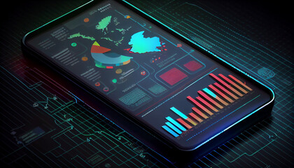 Phone with display Application of Smartphone with business graphs and analytics data on an isometric mobile phone. Analysis trends and software development coding process concept, Ai generated image 
