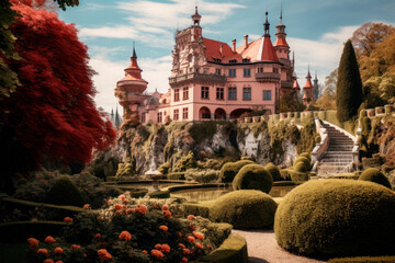 medieval fantasy castle surrounded by a garden