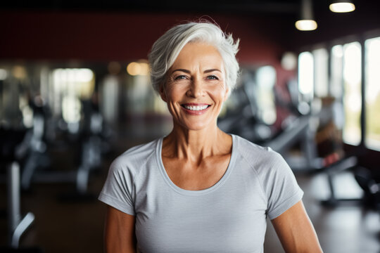 Mature Australian woman lifting weights at the gym  photo with empty space for text 