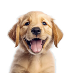 Adorable golden retriever puppy, isolated on blue background, with tongue out.