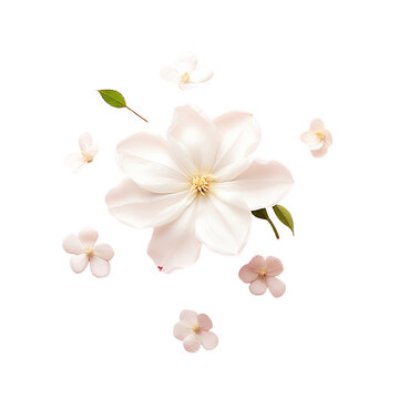 Beautiful white flower of Jasmine floating in pink background, representing levitation or zero gravity. High resolution image.