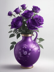 A beautiful purple vase decorated with purple roses Generative AI