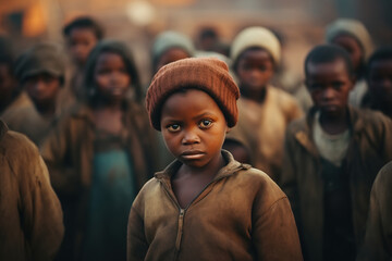 Social issues, crowd of hungry poor african immigrant kids, sad little boy looking at camera...