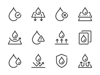Water Drop and Liquid vector line icons. Droplet and Aqua outline icon set. Fabric Protection, Raindrop, Waterproof, Moisture Resistant and more.