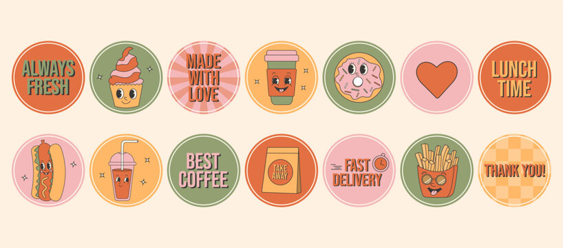 Retro groovy cartoon fast food sticker set. Labels and slogans for restaraunt, cafe and delivery.