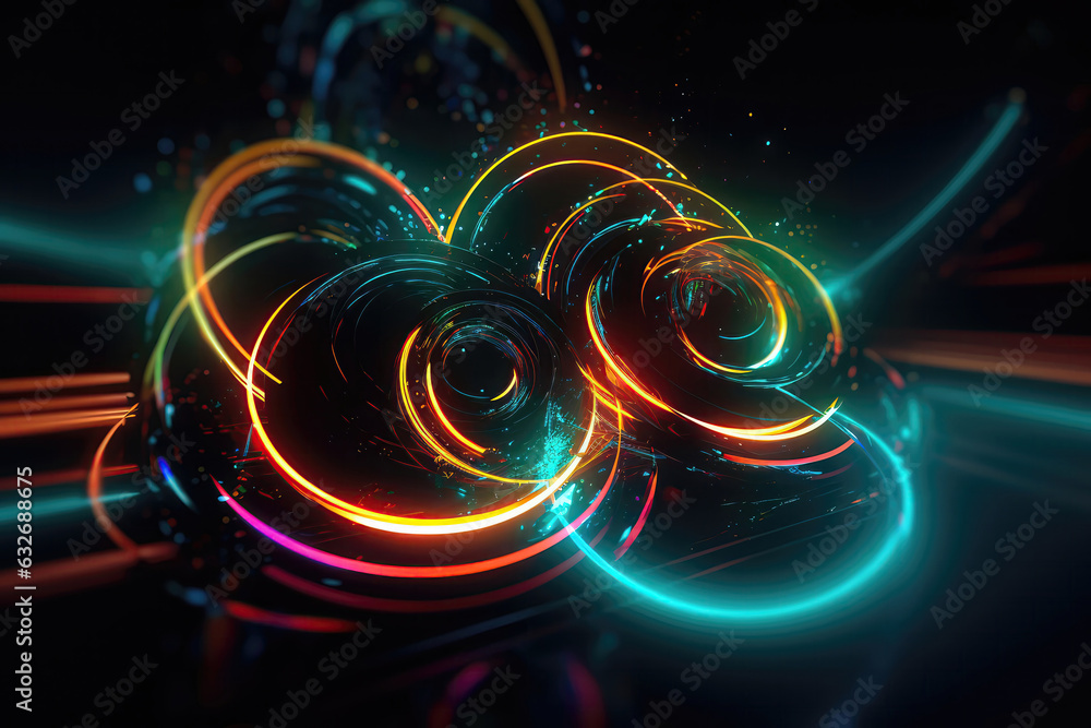 Poster dynamic abstract composition with neon streaks and circles. generative ai