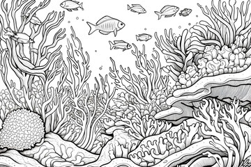 Coloring Book Black Outline, Mermaids Paradise Underwater Scene With Colorful Corals And Friendly Fish. Generative AI