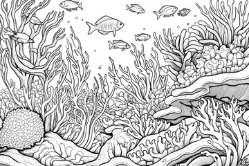 Fototapeta premium Coloring Book Black Outline, Mermaids Paradise Underwater Scene With Colorful Corals And Friendly Fish. Generative AI
