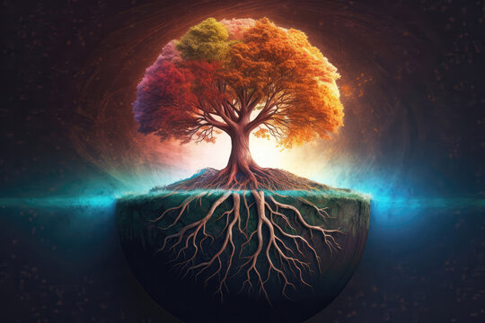 Digital Artwork Of The Earth With Colorful Tree Roots Spreading Across Its Surface. Generative AI
