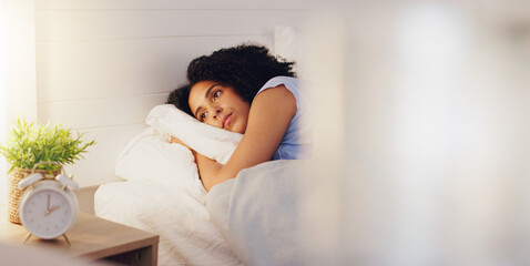 Woman, bed and insomnia or restless for sleep or rest in home bedroom with fatigue or stress....