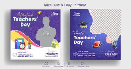 World Teachers day Social media posts banner ads template design, education, study abroad square flyer or poster design, school admission promotional banner set