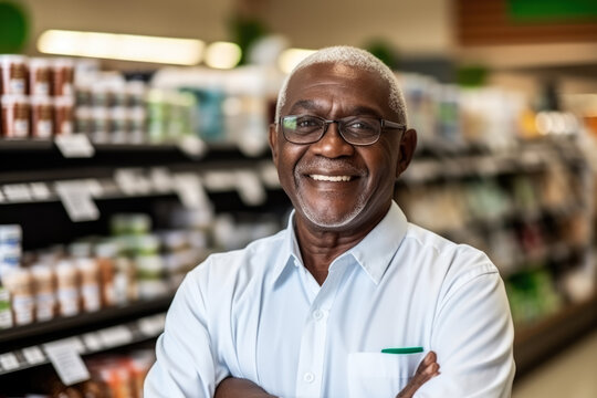 retired senior working in grocery store  photo with empty space for text 