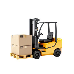 Forklift on against white background, carrying box for text completion New Year industrial theme.