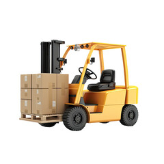 Forklift on against white background, carrying box for text completion New Year industrial theme.