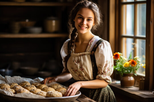 Russian woman baking traditional pies in her kitchen  photo with empty space for text 