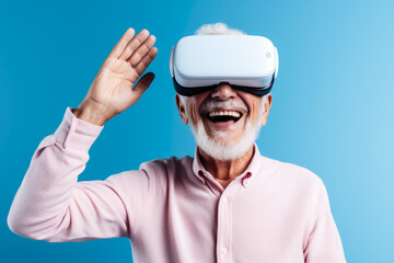 senior male in VR googles  photo with empty space for text 