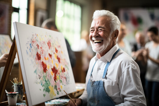 Senior man painting in an art class  photo with empty space for text 