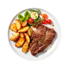 Grilled beef steak and potatoes with salad on plate from top view