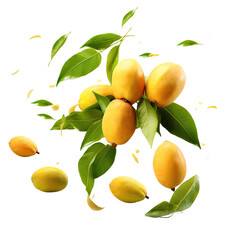 High resolution image of fresh ripe mango with falling leaves, illustrating food levitation concept.