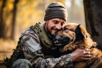 Soldier reunited with his dog  photo with empty space for text 