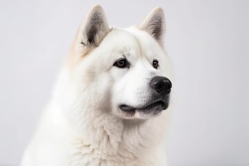 Akita dog is seated and has its head tilted to the side. on a white background, alone. Generative AI