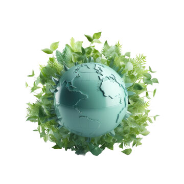 Invest in our planet through a 3D concept background for Earth day, depicting ecology with a globe map and leaves, isolated on white.