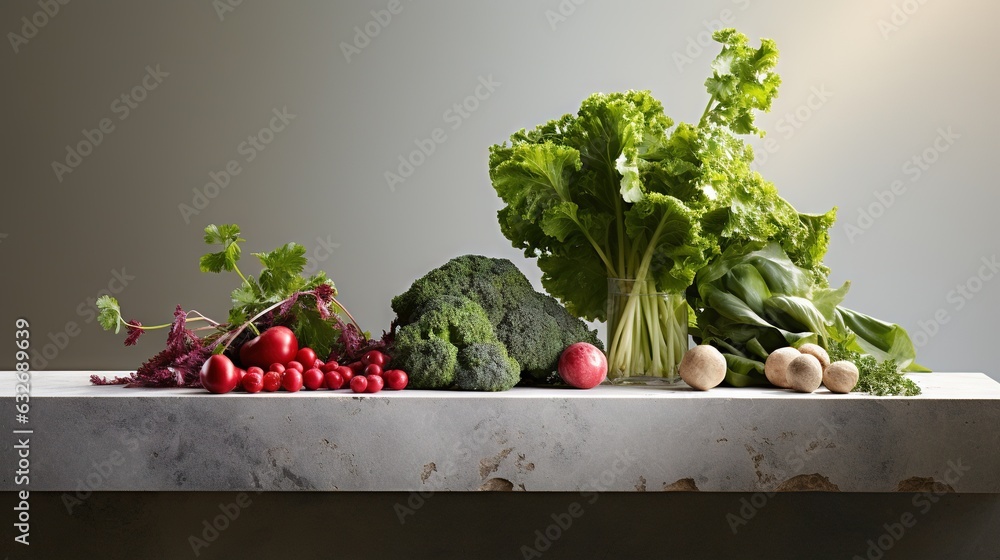 Poster a table topped with lots of different types of veggies. generative ai