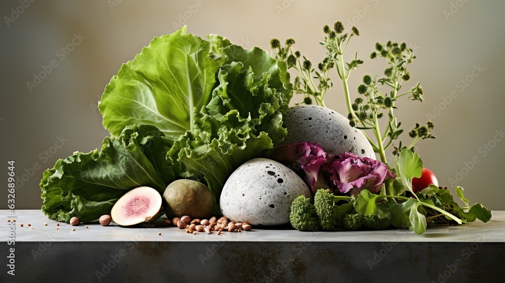 Poster a table topped with lots of green vegetables and rocks next to each other. generative ai