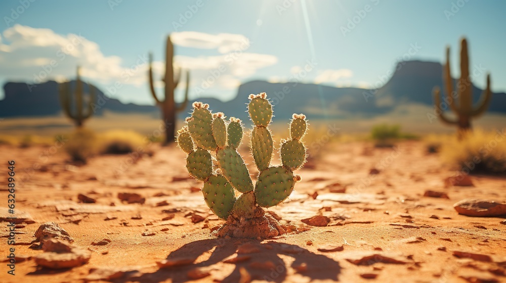 Poster a cactus in the desert with mountains in the background in the distance. generative ai