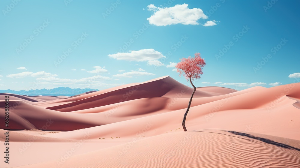 Poster a lone tree in the middle of a desert with sand dunes. generative ai