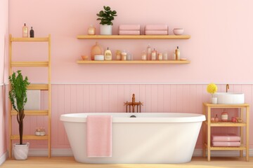 Fototapeta na wymiar A bathroom with pink walls and a white tub. AI.