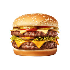 Isolated PNG of a large, timeless beef and cheese burger.