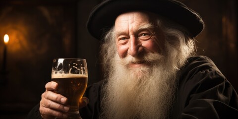 A man with a long beard holding a glass of beer. AI.