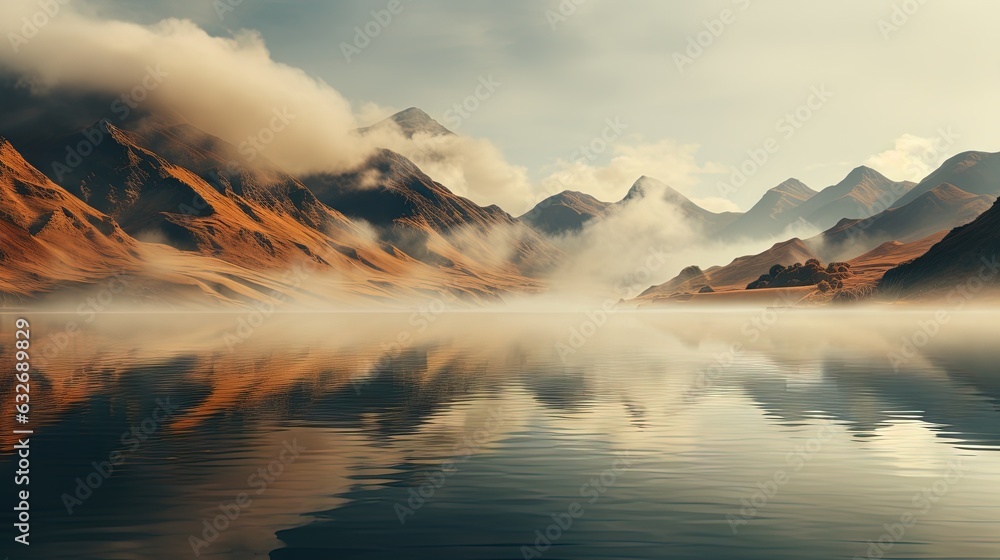 Aufkleber a lake surrounded by mountains and clouds in the sky with a reflection in the water. generative ai