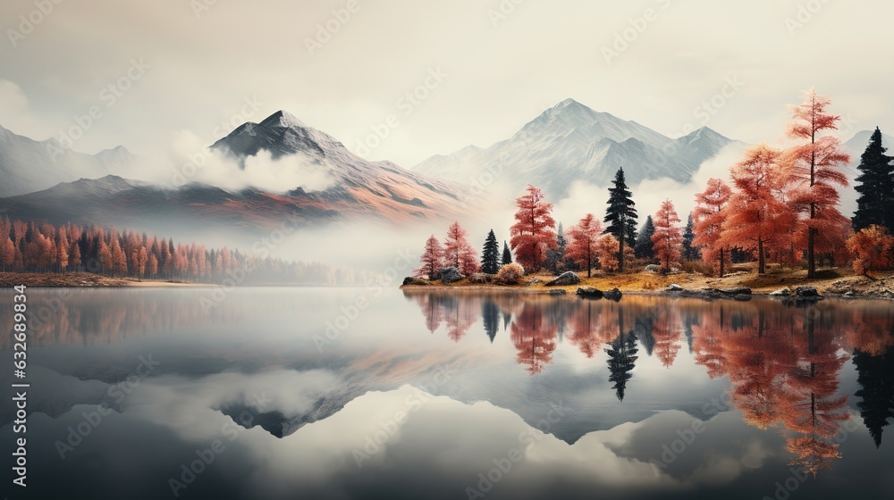 Poster a lake with a mountain in the background and trees in the foreground. generative ai