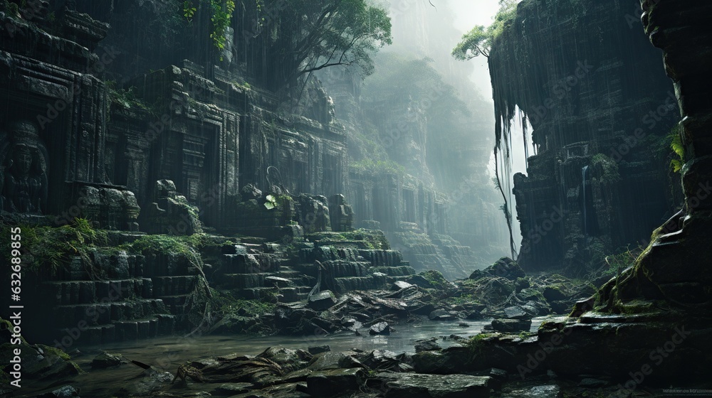 Poster a cave like area with a stream running between it and trees. generative ai