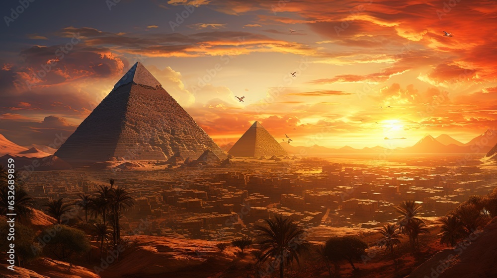 Poster a painting of pyramids in the desert with a sunset in the background. generative ai